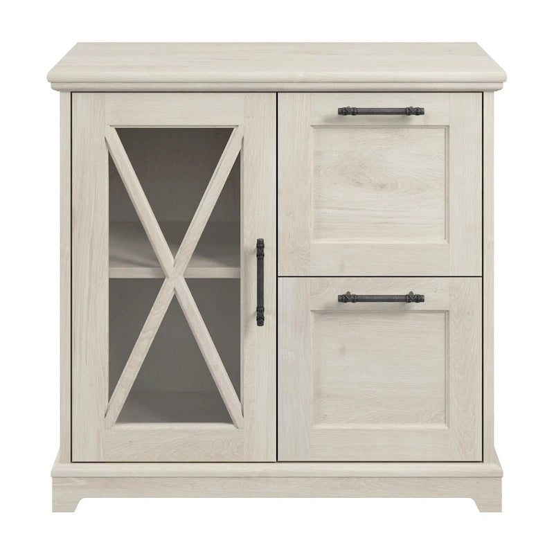 Classeur latéral à 2 tiroirs avec étagère en chêne blanc lin – Style rustique