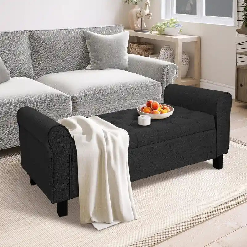 Banc ottoman en velours avec rangement et accoudoirs