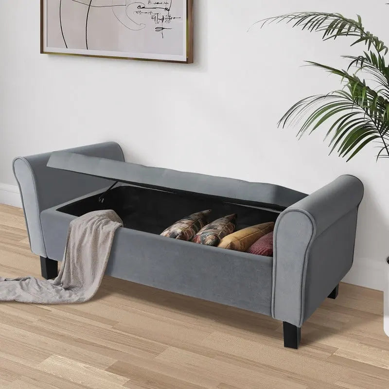 Banc ottoman en velours avec rangement et accoudoirs