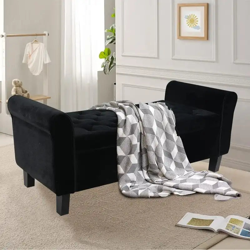 Banc ottoman en velours avec rangement et accoudoirs