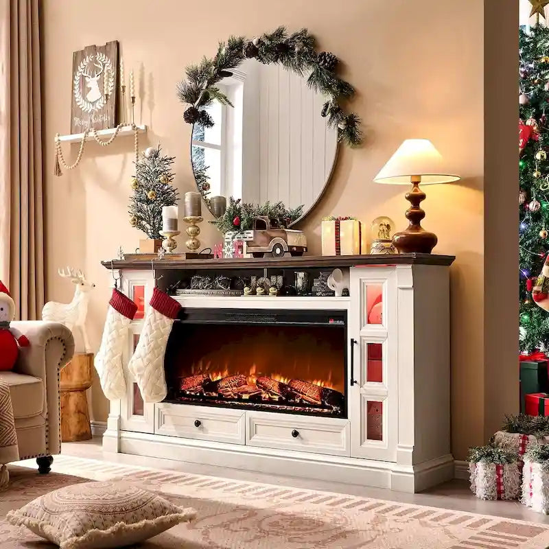 Meuble TV de cheminée de ferme pour téléviseur jusqu'à 80 pouces, centre de divertissement