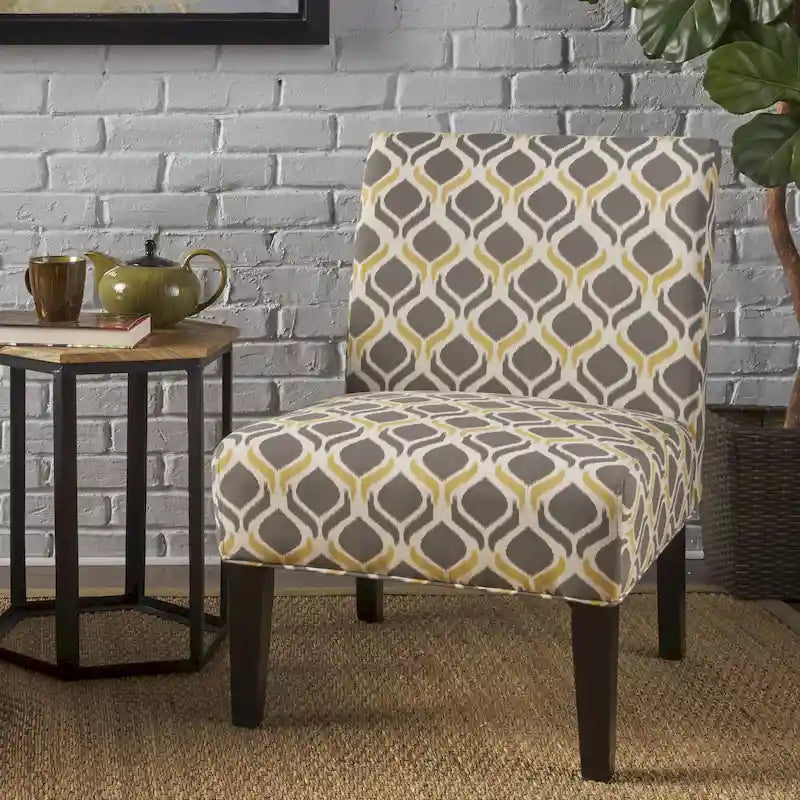 Fauteuil d'appoint sans accoudoirs en tissu à motif géométrique contemporain avec pieds noirs