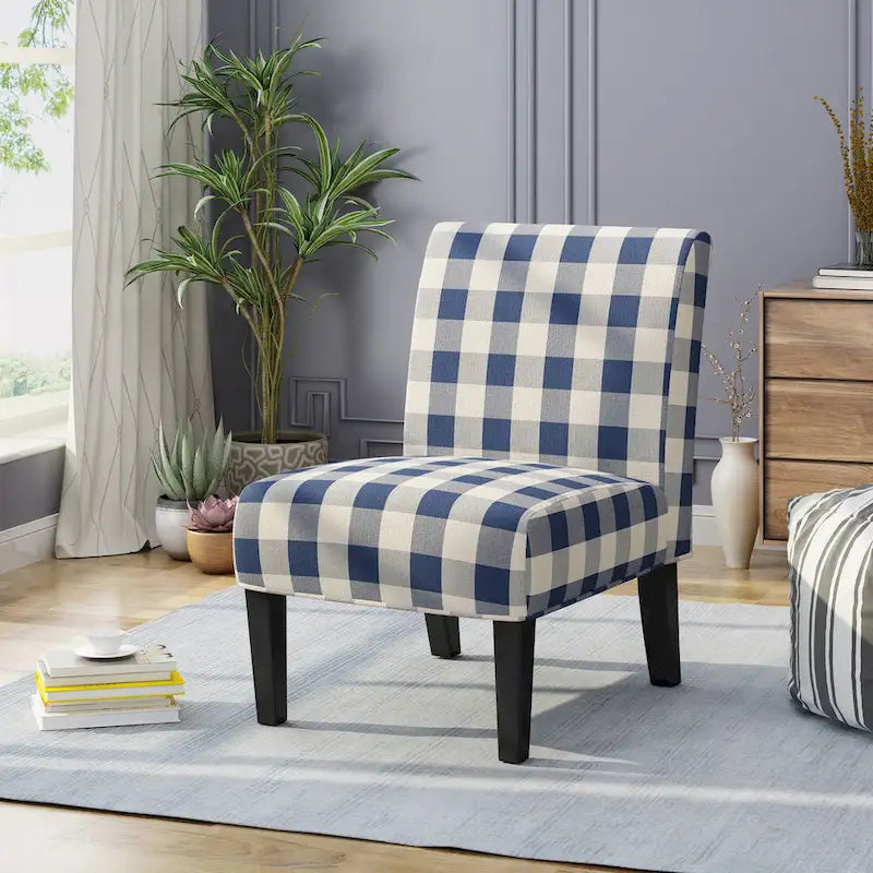 Fauteuil d'appoint sans accoudoirs en tissu à motif géométrique contemporain avec pieds noirs