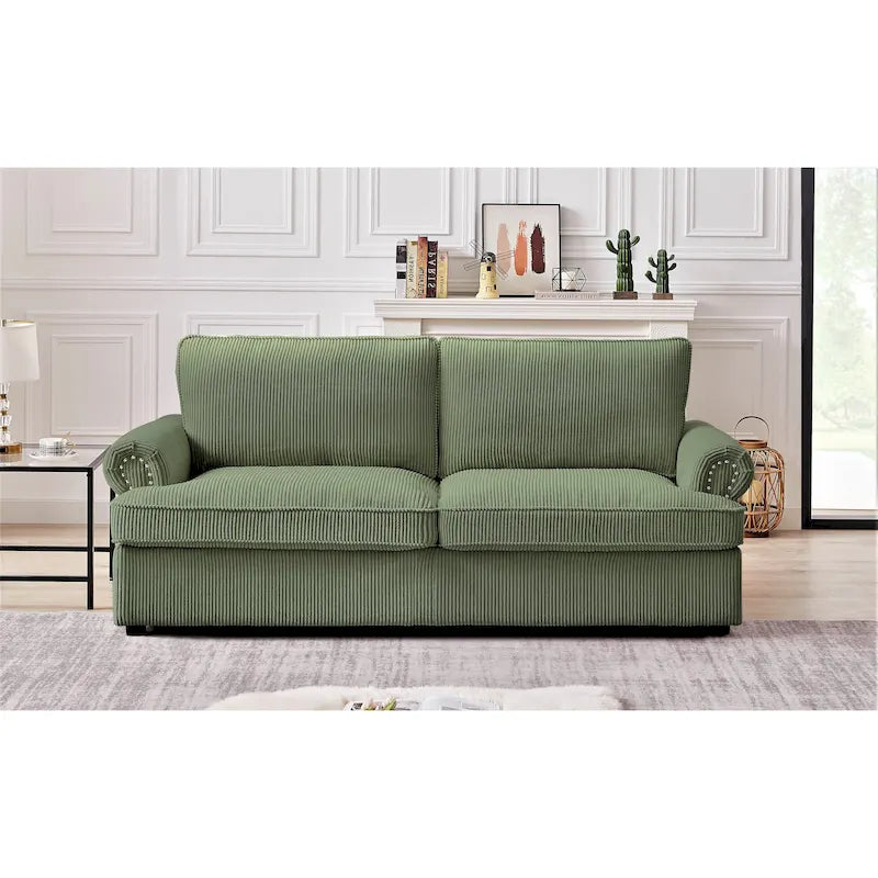 Canapé convertible 76" en velours côtelé avec accoudoirs ronds, lit escamotable Queen Size, 3 places – Gingembre/Ivoire/Gris/Vert/Noir