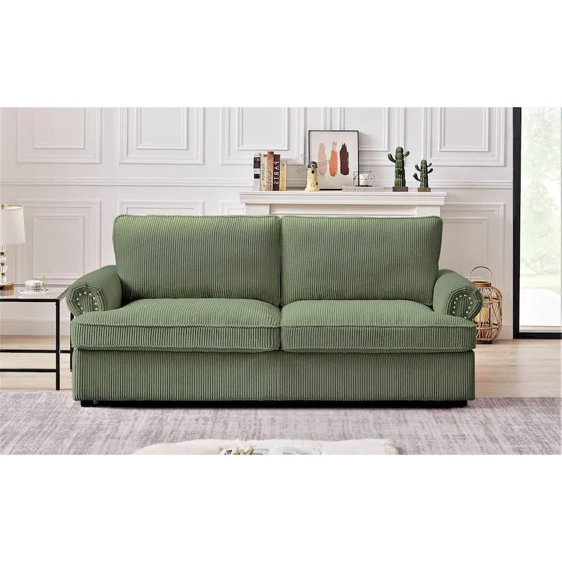 Canapé convertible 76" en velours côtelé avec accoudoirs ronds, lit escamotable Queen Size, 3 places – Gingembre/Ivoire/Gris/Vert/Noir