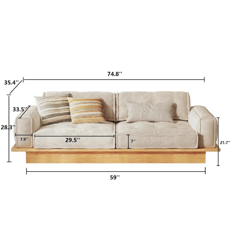 Canapé en velours côtelé beige avec structure en bois et tiroirs de rangement intégrés