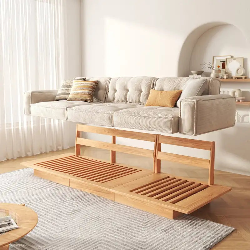 Canapé en velours côtelé beige avec structure en bois et tiroirs de rangement intégrés