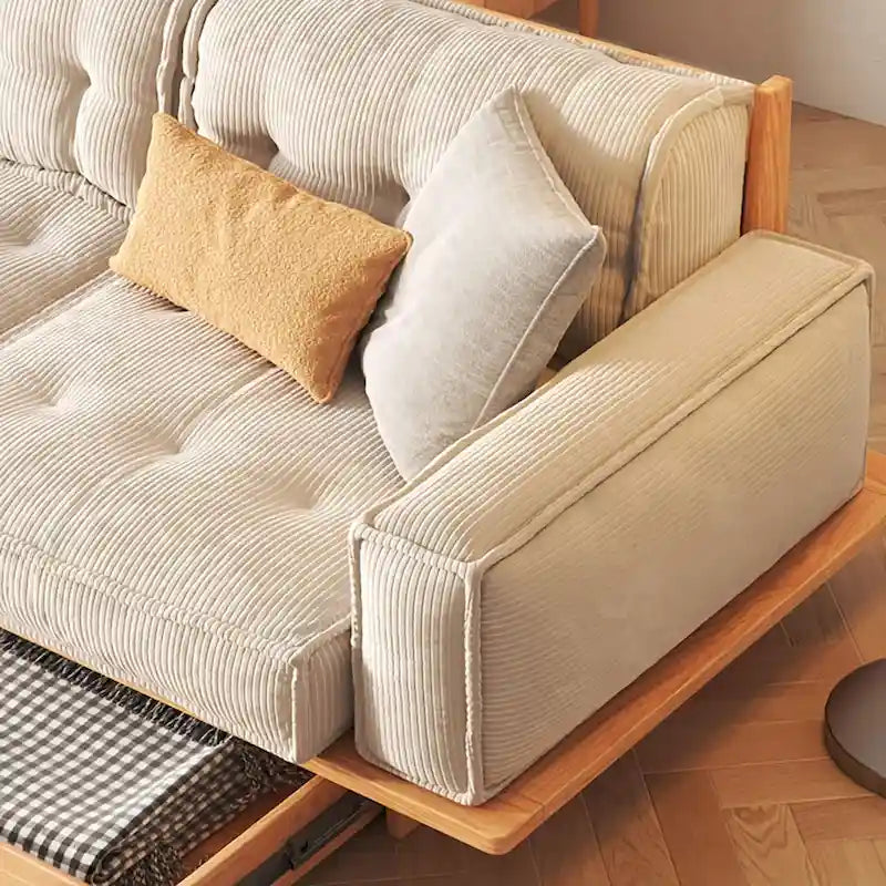 Canapé en velours côtelé beige avec structure en bois et tiroirs de rangement intégrés