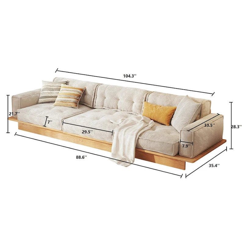 Canapé en velours côtelé beige avec structure en bois et tiroirs de rangement intégrés