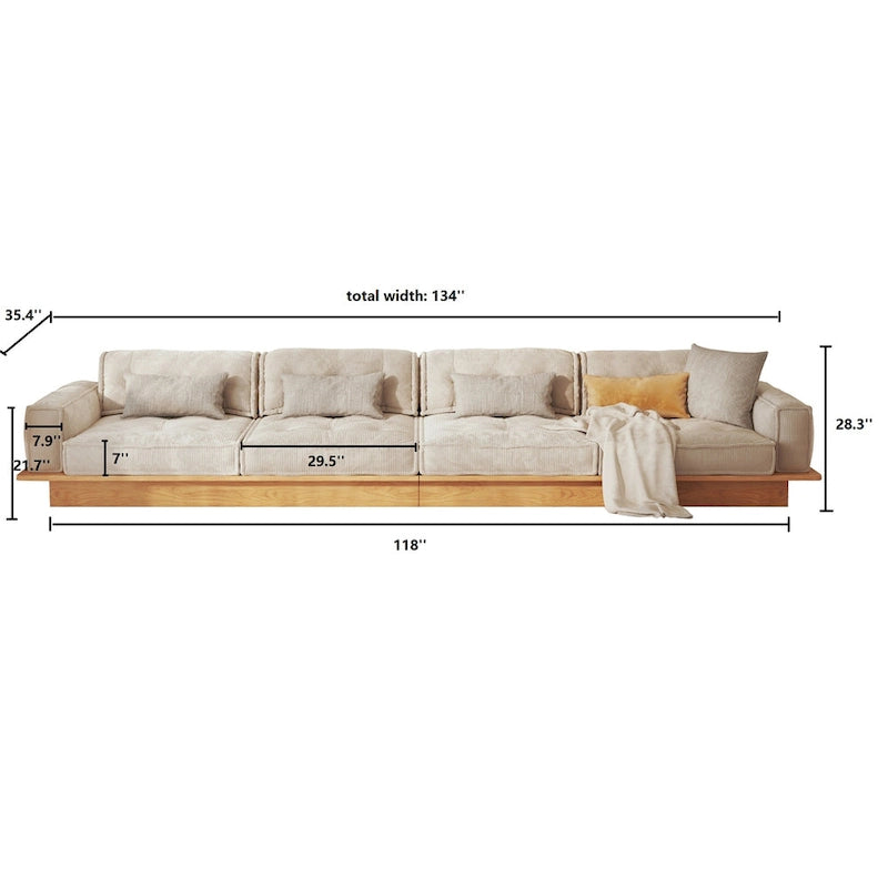 Canapé en velours côtelé beige avec structure en bois et tiroirs de rangement intégrés