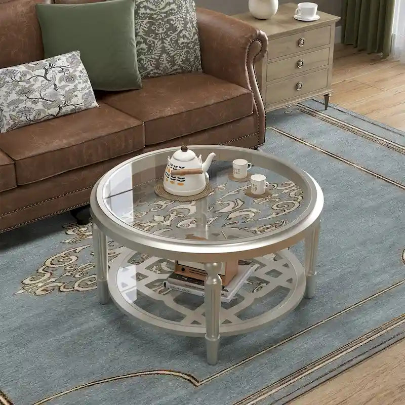 COSIEST Champagne Round Solid Wood Tempered Glass Coffee Table