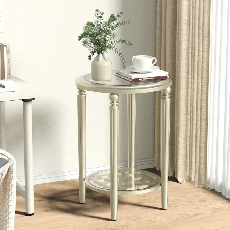 Table basse à 2 niveaux en verre trempé, couleur champagne, avec étagère à découpes florales