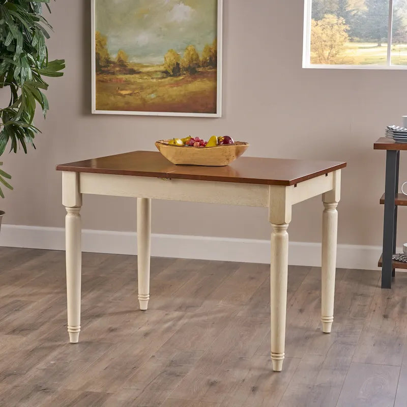 Table de salle à manger en chêne foncé et bois crème avec rallonge – 6 places