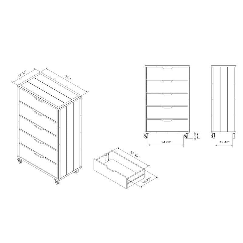 Commode verticale mobile à 5 tiroirs Samuels chêne gris industriel vintage, 31 po de large