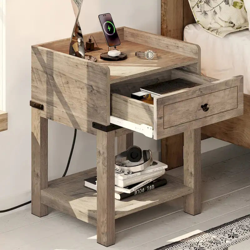 Table de chevet gris rustique avec tiroir, étagère et station de charge