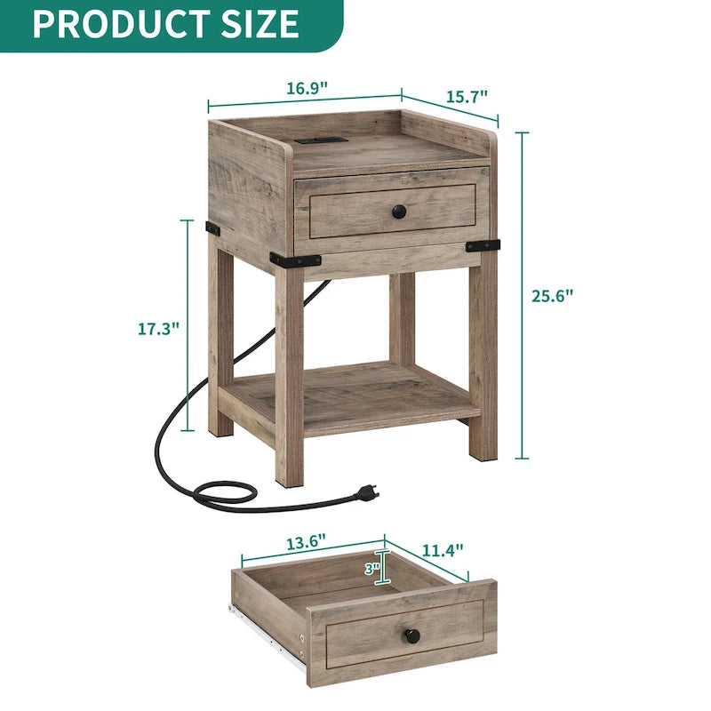 Table de chevet gris rustique avec tiroir, étagère et station de charge