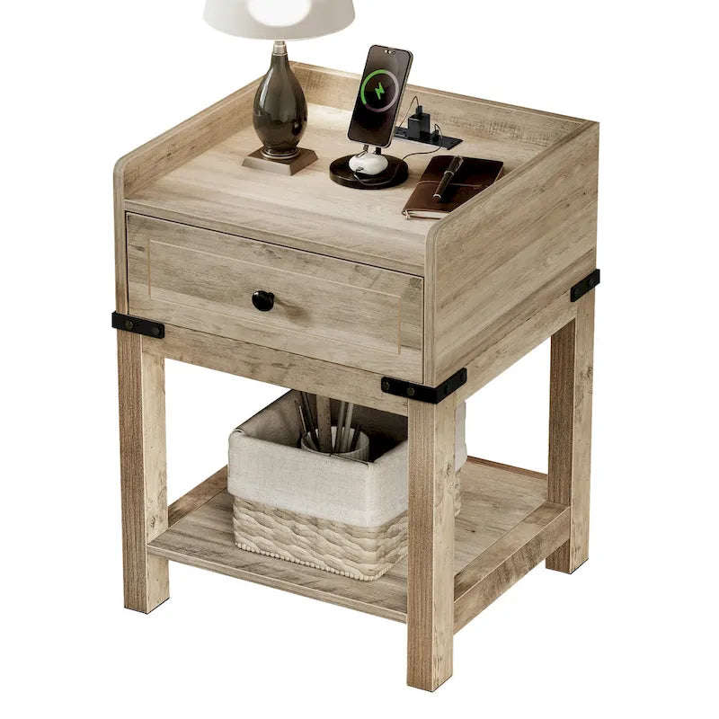 Table de chevet gris rustique avec tiroir, étagère et station de charge