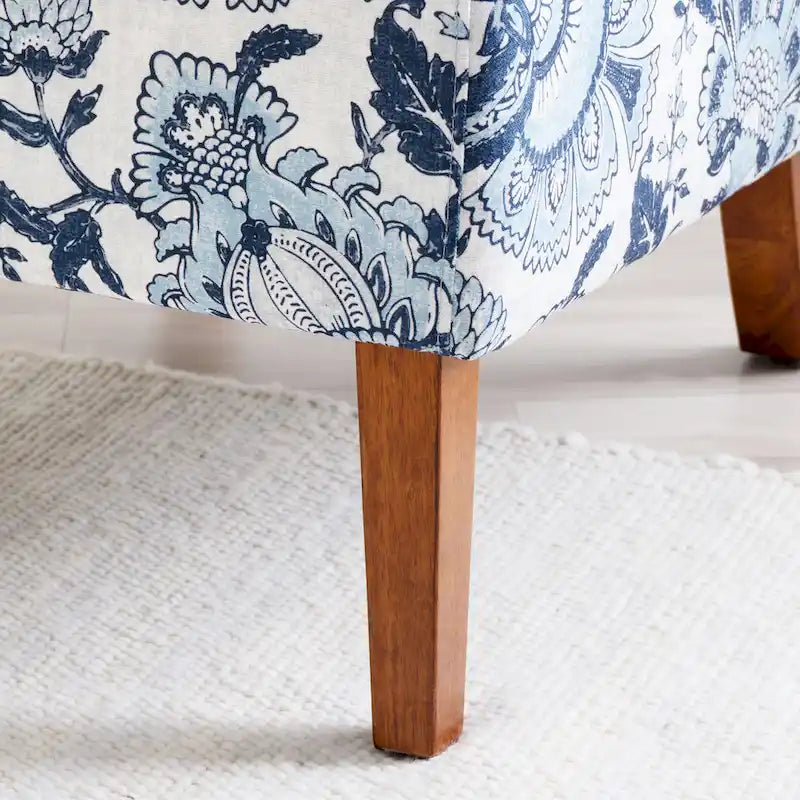 Fauteuil d'appoint sans accoudoirs rembourré à motif cachemire floral bleu avec pieds en bois