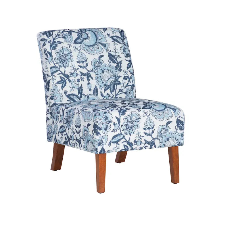 Fauteuil d'appoint sans accoudoirs rembourré à motif cachemire floral bleu avec pieds en bois