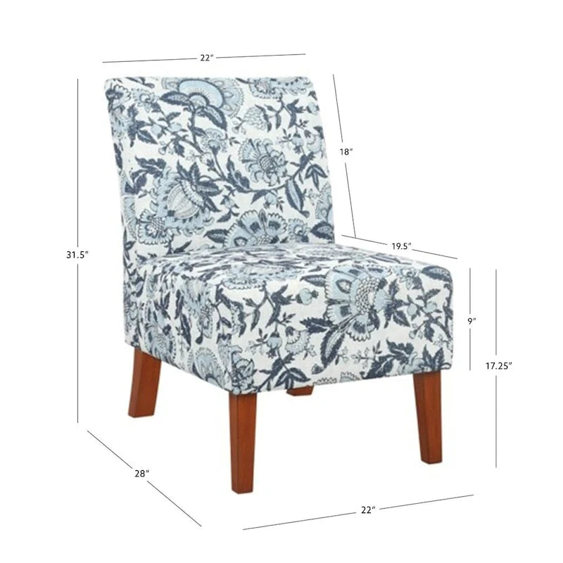 Fauteuil d'appoint sans accoudoirs rembourré à motif cachemire floral bleu avec pieds en bois