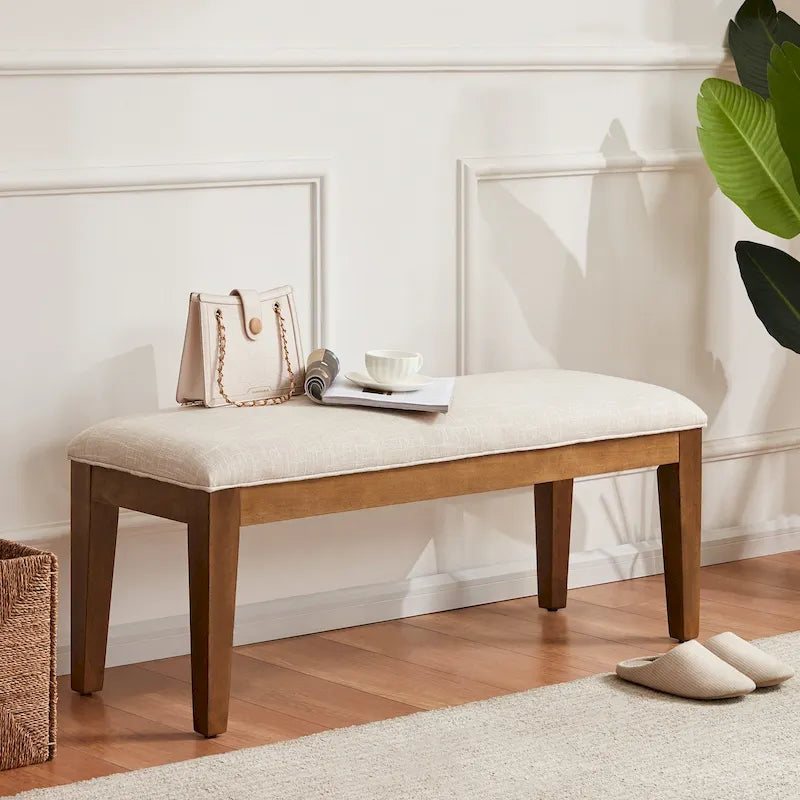 Banc d'entrée rembourré en tissu, banc de chambre pour le pied de lit beige, bois massif 112 cm