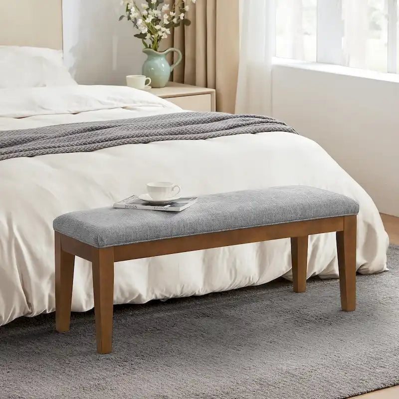 Banc d'entrée rembourré en tissu, banc de chambre pour le pied de lit beige, bois massif 112 cm