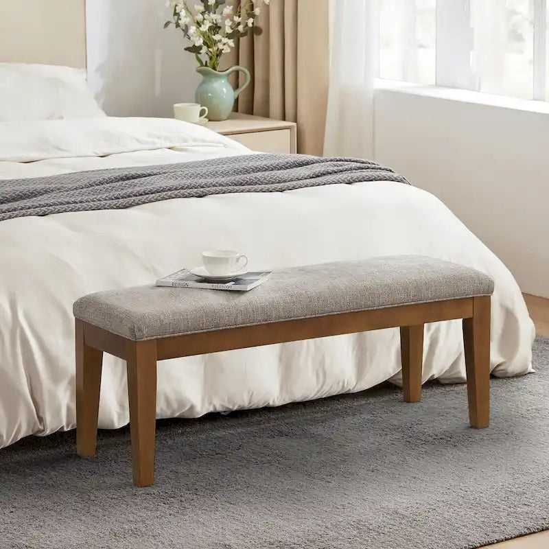 Banc d'entrée rembourré en tissu, banc de chambre pour le pied de lit beige, bois massif 112 cm