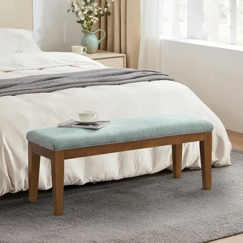 Banc d'entrée rembourré en tissu, banc de chambre pour le pied de lit beige, bois massif 112 cm