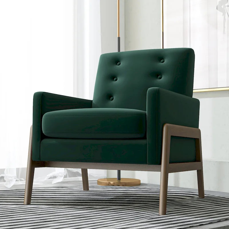 Fauteuil lounge en velours vert forêt style Mid-Century Modern avec pieds brun noyer - 33