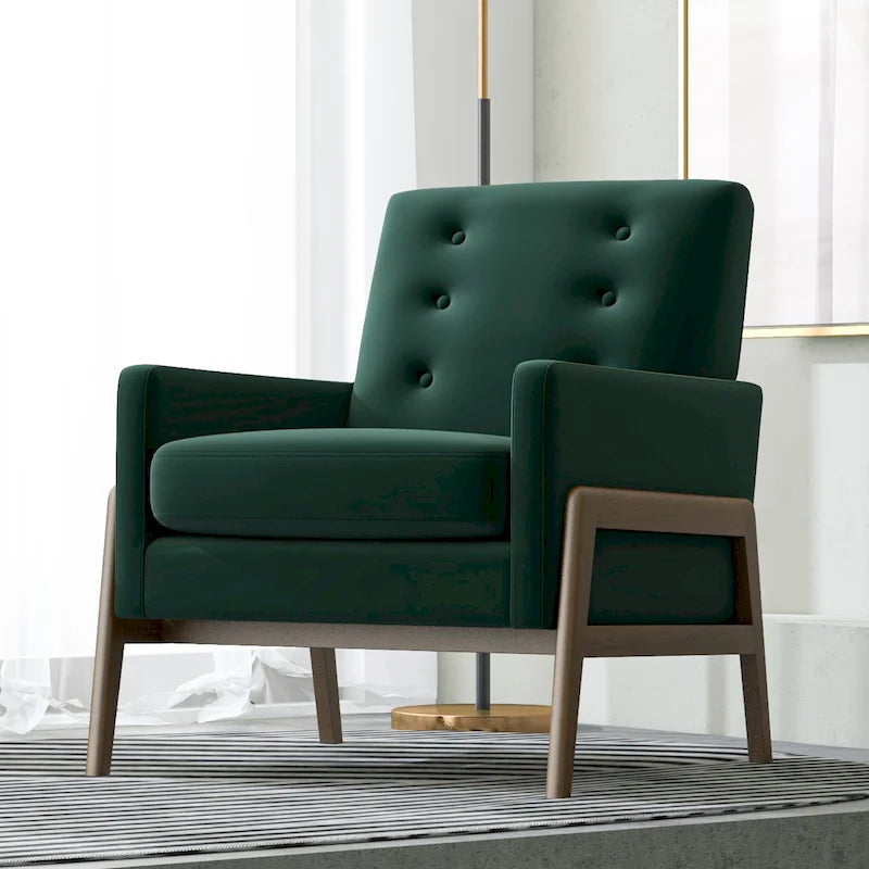 Fauteuil lounge en velours vert forêt style Mid-Century Modern avec pieds brun noyer - 33