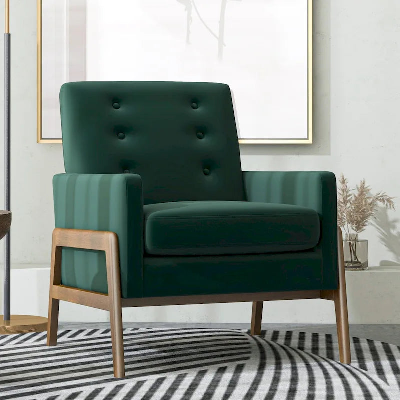 Fauteuil lounge en velours vert forêt style Mid-Century Modern avec pieds brun noyer - 33