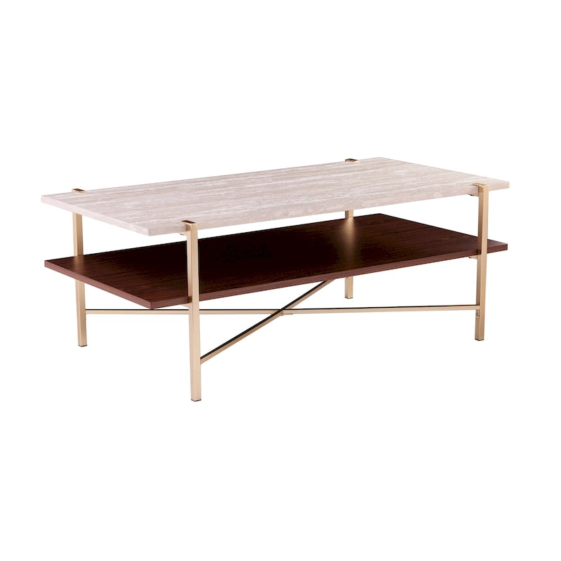 Table basse à deux niveaux marron et blanc avec étagère de rangement