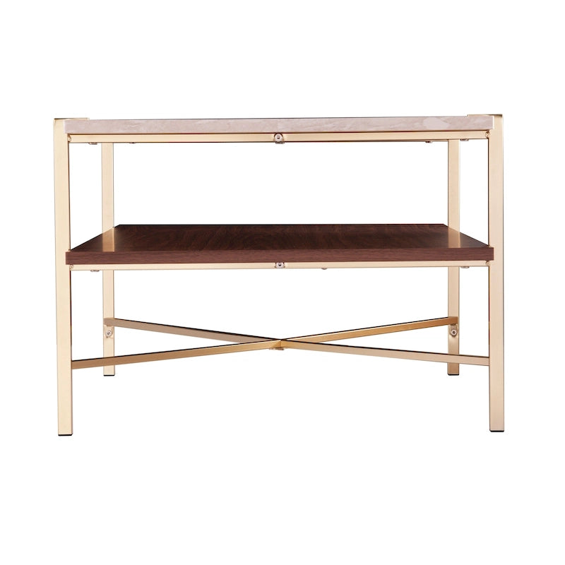 Table basse à deux niveaux marron et blanc avec étagère de rangement