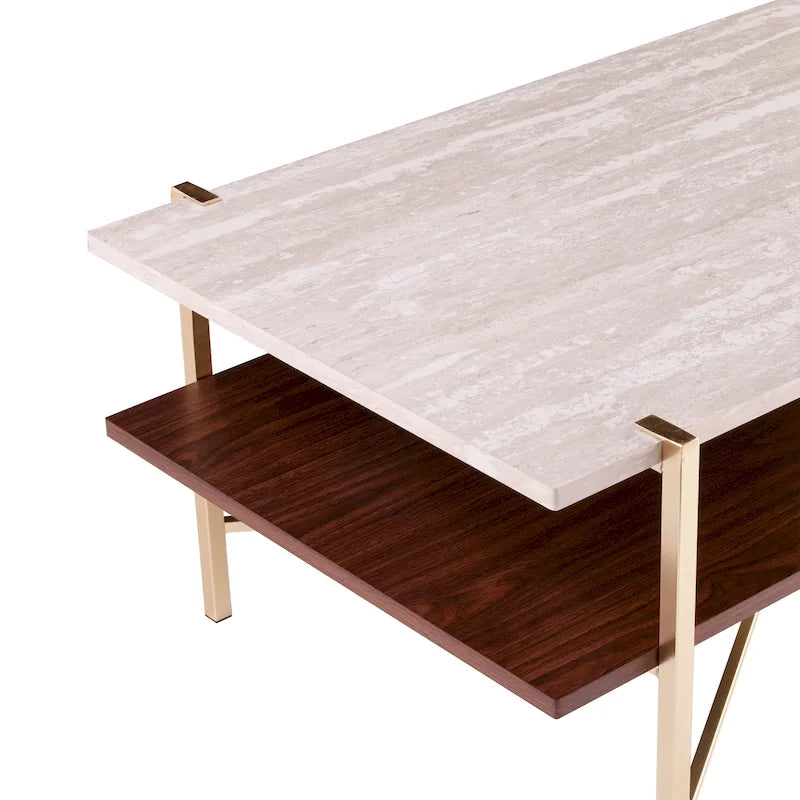 Table basse à deux niveaux marron et blanc avec étagère de rangement