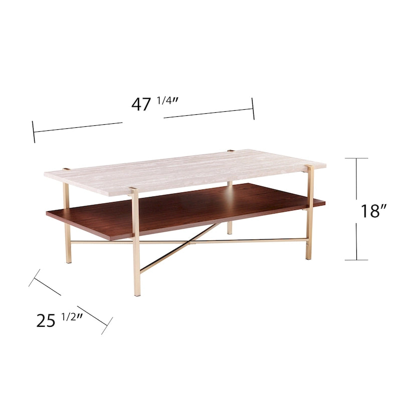 Table basse à deux niveaux marron et blanc avec étagère de rangement