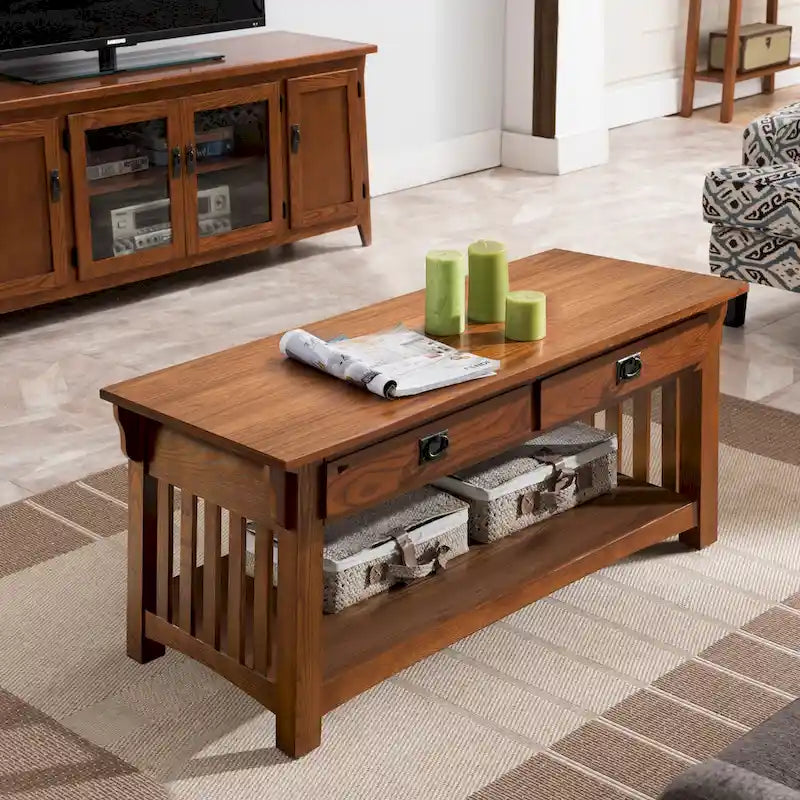 Table basse en bois massif marron avec tiroirs et côtés à lattes