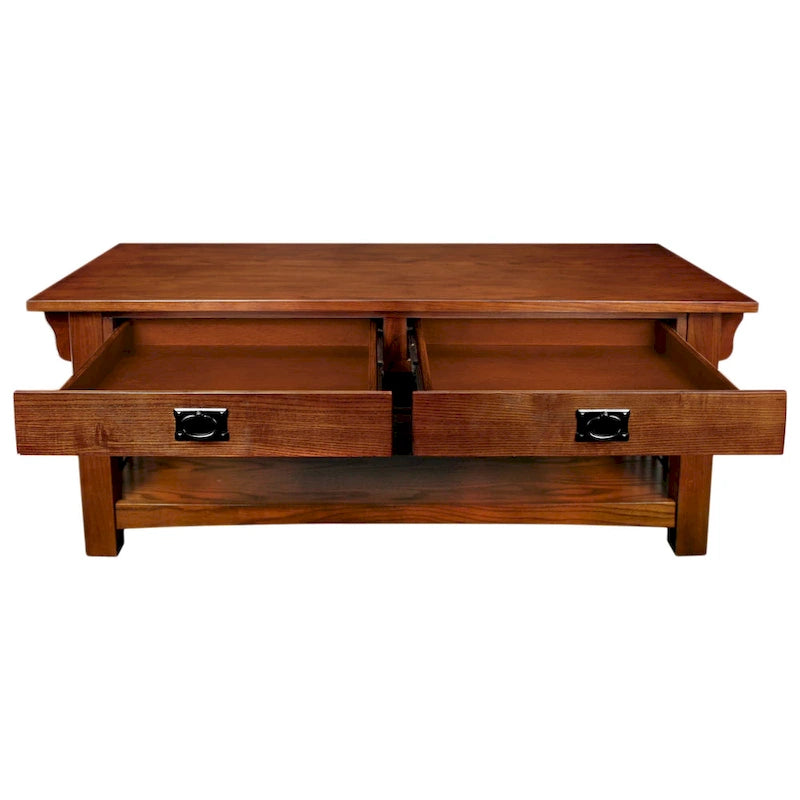 Table basse en bois massif marron avec tiroirs et côtés à lattes