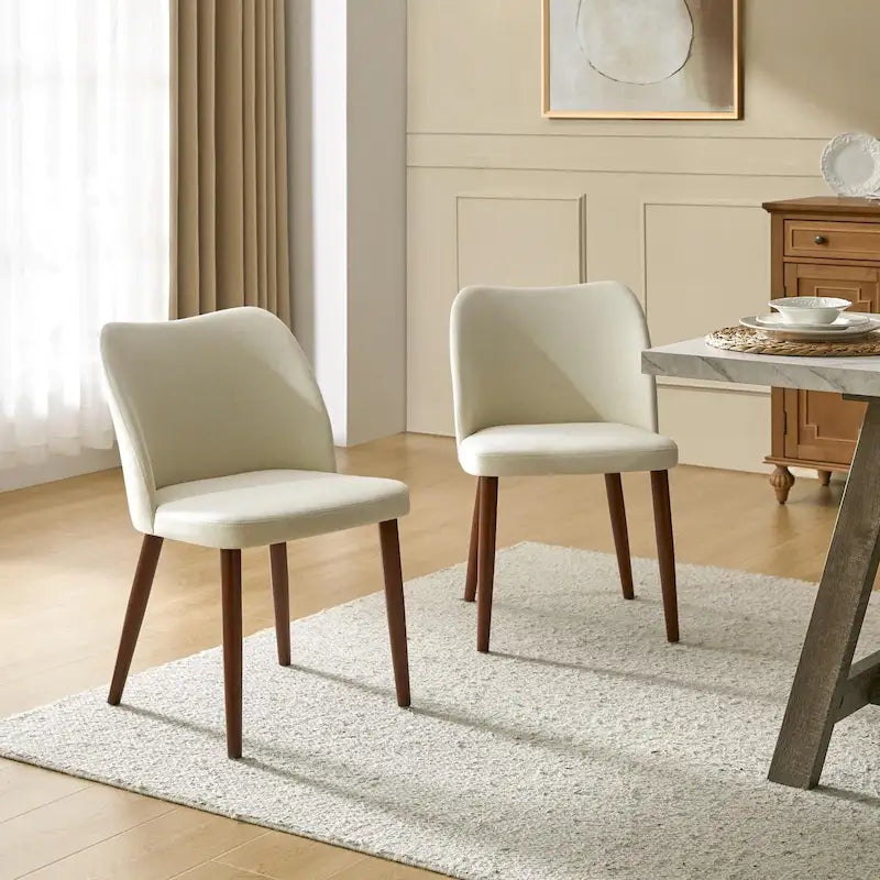 Chaise de salle à manger rembourrée, dossier incurvé, pieds en noyer – Lot de 2 | Beige/Ivoire/Moutarde/Havane/Gris/Bleu marine