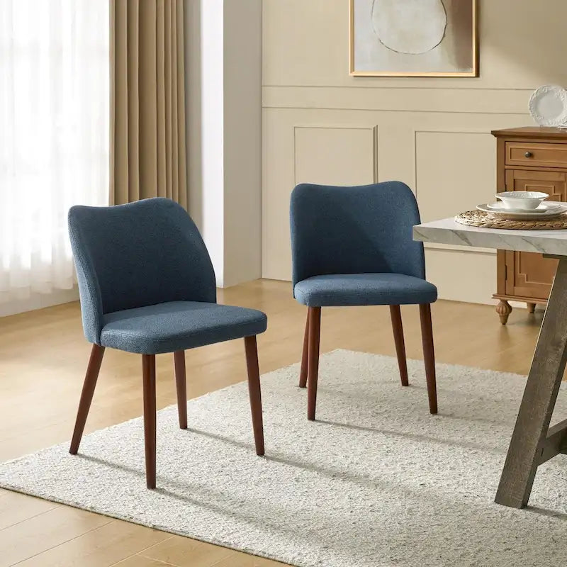 Chaise de salle à manger rembourrée, dossier incurvé, pieds en noyer – Lot de 2 | Beige/Ivoire/Moutarde/Havane/Gris/Bleu marine