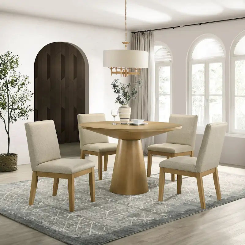 Ensemble table de salle à manger ronde à pied central et 4 chaises, ébène/bois flotté, MDF et hévéa