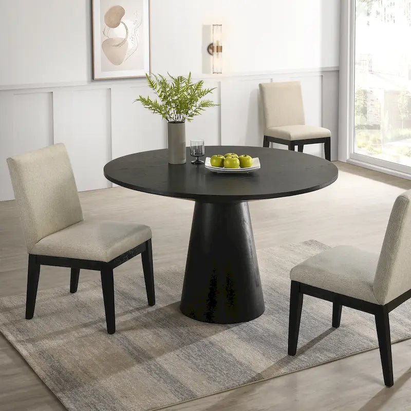 Ensemble table de salle à manger ronde à pied central et 4 chaises, ébène/bois flotté, MDF et hévéa