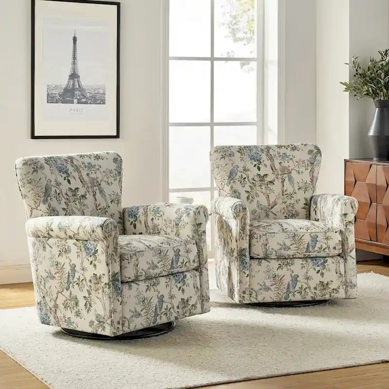 Fauteuil à bascule pivotant en tissu fleuri avec accoudoir roulé, lot de 2 – Plusieurs coloris