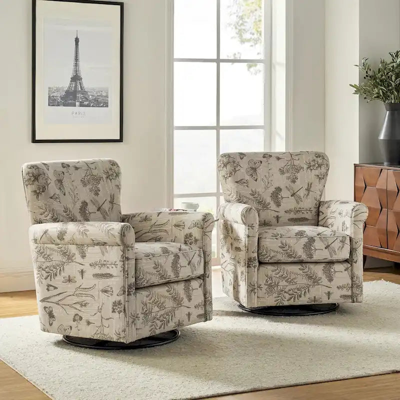 Fauteuil à bascule pivotant en tissu fleuri avec accoudoir roulé, lot de 2 – Plusieurs coloris