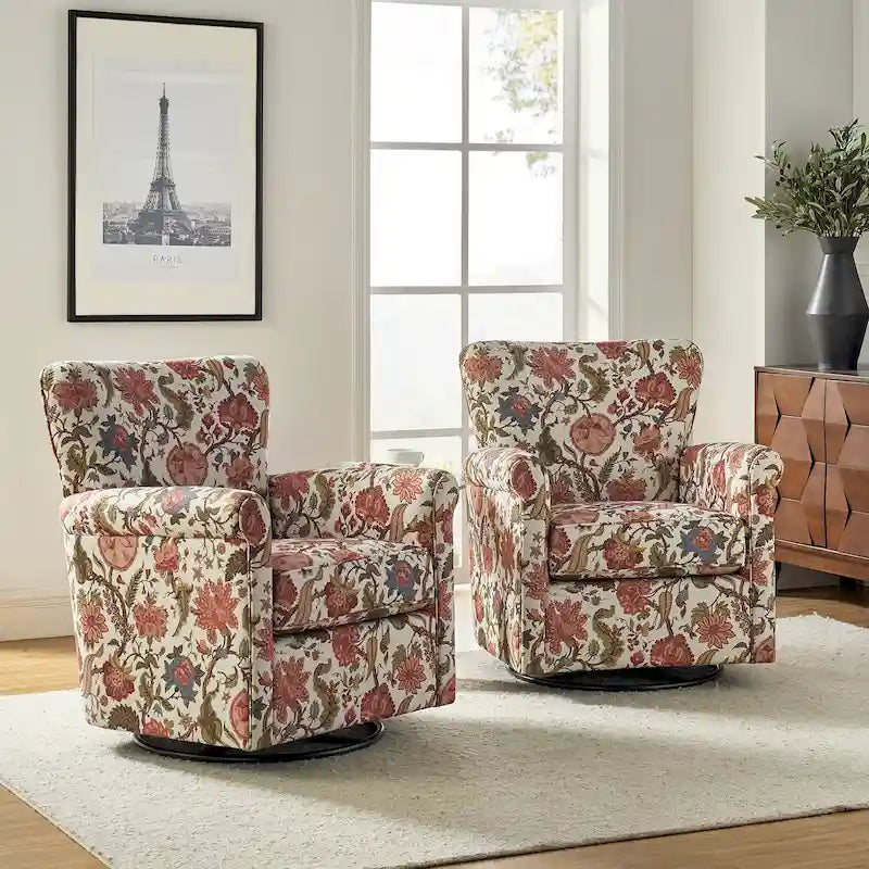 Fauteuil à bascule pivotant en tissu fleuri avec accoudoir roulé, lot de 2 – Plusieurs coloris