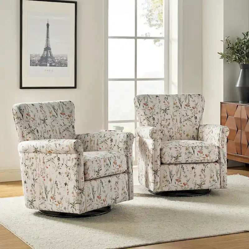Georg Comfortable Floral Fabric Swivel Rocker Chair with Rolled Armrest Set of 2 by HULALA HOME