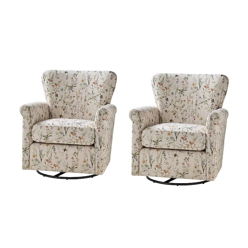 Fauteuil à bascule pivotant en tissu fleuri avec accoudoir roulé, lot de 2 – Plusieurs coloris