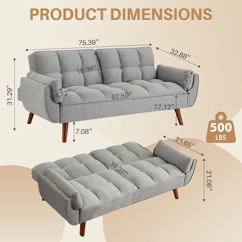 Canapé-lit futon de 75,39 pouces, canapé-lit pliant convertible inclinable pour salon avec 2 oreillers/accoudoirs
