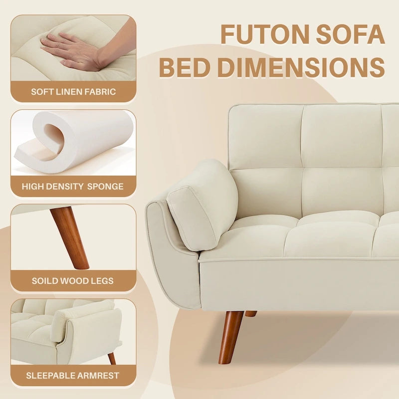 Canapé-lit futon de 75,39 pouces, canapé-lit pliant convertible inclinable pour salon avec 2 oreillers/accoudoirs