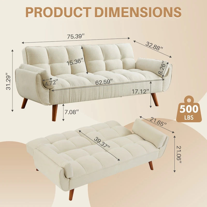 Canapé-lit futon de 75,39 pouces, canapé-lit pliant convertible inclinable pour salon avec 2 oreillers/accoudoirs