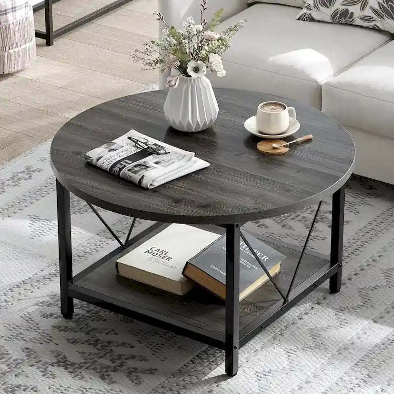 Moasis Industrial 2-Tier Round Coffee Table with Shelf